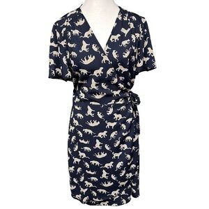 J.Crew Factory Wrap Dress Navy Blue with Leopards Short Sleeve Knee Length 14